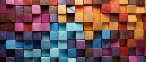 ai gerado cativante abstrato textura apresentando 3d de madeira quadrado cubos dentro uma arco Iris do cores, ideal para adicionando uma animado e moderno toque para seu projeto, ai gerado. foto