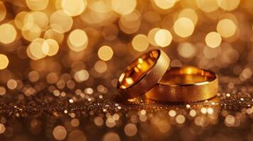 ai gerado dourado Casamento anel brilhos contra uma sonhadores bokeh pano de fundo, ai gerado. foto