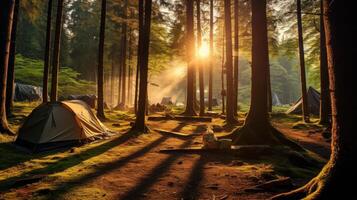 ai gerado acampamento dentro a selvagem floresta dentro Primavera traz da natureza despertar para vida, oferta uma rejuvenescedor escapar. ai gerado. foto