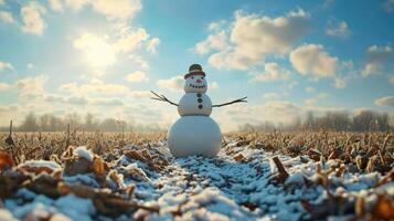 ai gerado abraço a alegria do inverno com uma boneco de neve enfeitando uma grande, Nevado campo, uma símbolo do sazonal prazer. ai gerado. foto