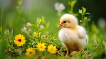 ai gerado pequeno amarelo pintinho senta no meio a Relva Próximo para colorida flores, uma cena do jovem inocência, ai gerado. foto