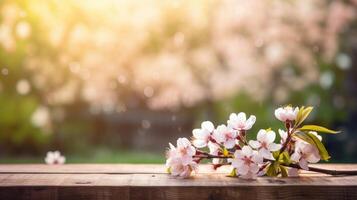 ai gerado flores organizado em uma de madeira mesa dentro uma verdejante jardim, com borrado bokeh luzes e uma flare efeito, ai gerado foto