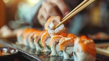 ai gerado fechar-se pauzinhos delicadamente elevação uma parte do Sushi lista a partir de a mesa, ai gerado. foto