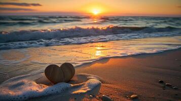 ai gerado pôr do sol às a de praia com uma em forma de coração pedra colocada suavemente em a areia, ai gerado foto