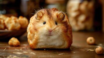 ai gerado único pão pão semelhante a a hamster em repouso em uma de madeira mesa, ai gerado foto