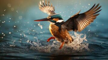 ai gerado uma martinho pescatore pássaro é vôo sobre uma corpo do água, ai gerado foto