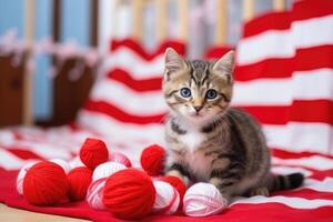 ai gerado a imagem mostra uma gatinho sentado em uma vermelho e branco listrado cobertor com bolas do fio, ai gerado foto