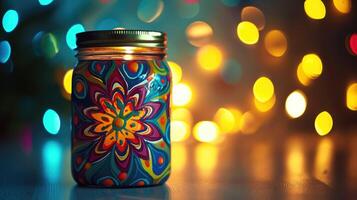 ai gerado colorida projetado jarra dentro frente do luzes, criando uma vívido e encantador cena, ai gerado foto