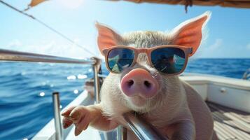 ai gerado a imagem mostra uma porco vestindo oculos de sol em uma barco dentro a oceano, ai gerado foto