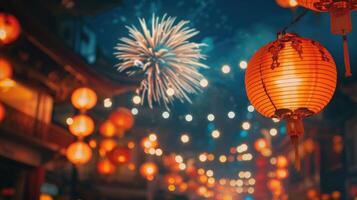ai gerado vibrante chinês Novo ano lanternas iluminar a festividades ao lado uma tradicional Dragão, ai gerado. foto