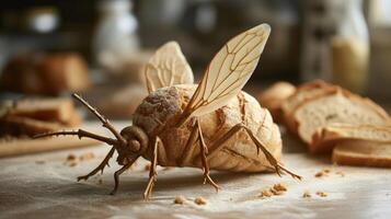 ai gerado único pão pão semelhante a a mosquito em repouso em uma de madeira mesa, ai gerado foto