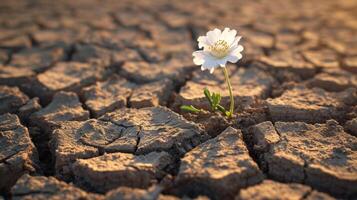 ai gerado uma minúsculo branco flor surge através seco, rachado terra, simbolizando resiliência, ai gerado. foto