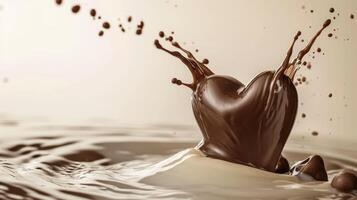 ai gerado uma chocolate coração emergente a partir de uma leite respingo, servindo Como uma romântico Comida símbolo para dia dos namorados dia, ai gerado foto