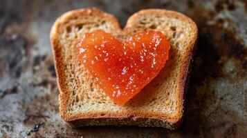 ai gerado fechar acima do uma torrado pão fatia com em forma de coração morango geléia, simbolizando amor e Cuidado ideal para dia dos namorados dia café da manhã foto