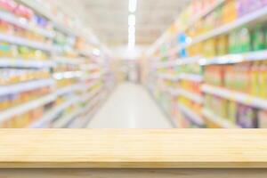 esvaziar madeira mesa topo com supermercado borrado fundo para produtos exibição foto