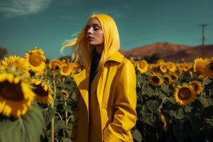 ai gerado modelo mulher com amarelo cabelo dentro campo girassóis. gerar ai foto