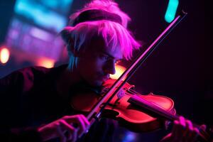 ai gerado músico homem jogando violino em néon luzes. gerar ai foto