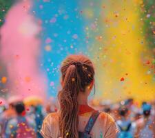 ai gerado colorida arco Iris indiano pessoas comemoro holi festival foto