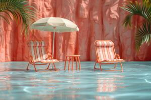 ai gerado de praia área coberta cadeiras e guarda-chuva conjunto em luz fundo foto