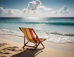 ai gerado tranquilo de praia horizonte sobre água com cadeira debaixo relaxante céu foto
