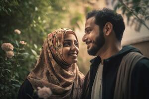 ai gerado feliz saudita casal dentro jardim. gerar ai foto