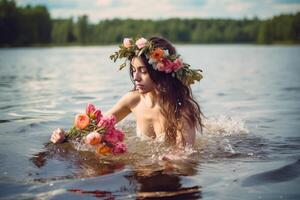 ai gerado morena menina dançando água flor. gerar ai foto