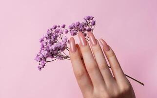 fêmea mãos com Rosa unha Projeto aguarde Gypsophila flores foto