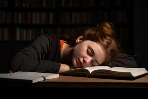 ai gerado sobrecarregado dormindo menina aluna em livro. gerar ai foto