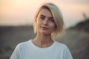 ai gerado sorridente Loiras menina com curto Penteado de praia retrato. gerar ai foto