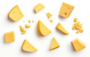 ai gerado saboroso queijo peças isolado em branco fundo foto