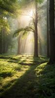 ai gerado encantador floresta clareira com luz solar filtrando através árvores foto