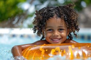 ai gerado uma animado ásia criança alegremente salpicos dentro a refrescante natação piscina, cercado de a vibrante matizes do a inflável círculo foto