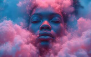 ai gerado face com Sombrio céu azul e luz magenta nuvens em torno da dele face foto