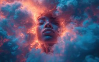 ai gerado face com Sombrio céu azul e luz magenta nuvens em torno da dele face foto