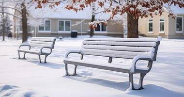 ai gerado esvaziar bancos dentro uma coberto de neve parque, aninhado entre Vizinhança casas dentro uma cênico panorama foto