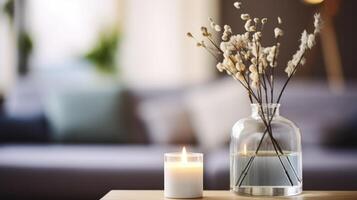 ai gerado casa harmonia - uma cana difusor, vela, eucalipto, e perfume combinar para uma perfeito hygge e aromaterapia configuração foto