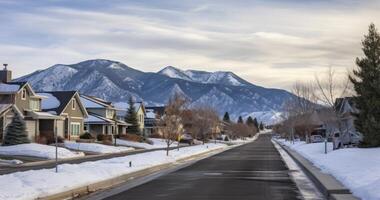 ai gerado residencial casas linha uma estrada com uma majestoso montanha pano de fundo em uma nublado inverno dia foto