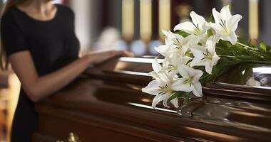 ai gerado uma luto mulher com branco lírios às uma caixão dentro uma Igreja velório cerimônia foto