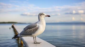 ai gerado a tranquilo cena do uma gaivota negligenciar a oceano Como a Sol mergulhos abaixo a horizonte foto