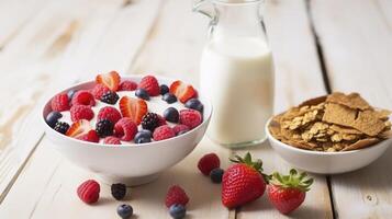 ai gerado uma saudável café da manhã espalhar com cereal, leite, bagas, e querida em uma branco de madeira fundo foto