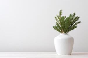 ai gerado branco vaso em uma branco fundo com galhos. brincar mesa com vaso. Primavera brincar. branco interior foto