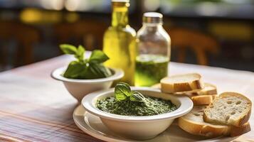 ai gerado gosto do tradição - fresco pesto com pão em a restaurante mesa foto