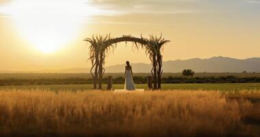 ai gerado a ao ar livre Casamento cerimônia às pôr do sol debaixo a tradicional chupá foto