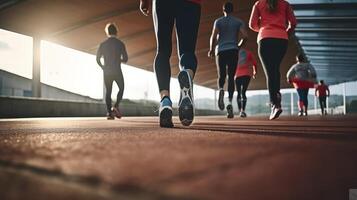 ai gerado uma traseiro Visão do determinado desportistas Treinamento e correndo em uma pista de corrida foto