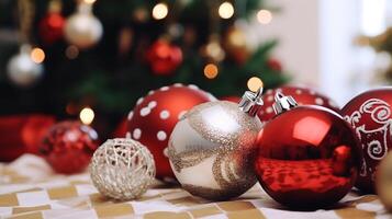 ai gerado Natal decorações fechar-se contra a fundo do uma Natal árvore foto