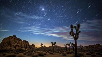 ai gerado Joshua árvore deserto, Estrela trilhas, noite céu, deserto, deserto paisagem, deserto panorama foto