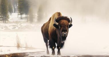 ai gerado uma poderoso búfalo no meio a enevoado ambiente do uma quente Primavera dentro uma nacional parque foto