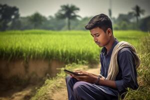 ai gerado Bangladeshi masculino aluna com celular Aprendendo controlo remoto. gerar ai foto