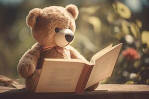 ai gerado suave Urso de pelúcia Urso lendo uma romance. gerar ai foto