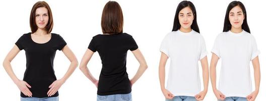 Mulher coreana e branca em uma camiseta branca e preta em branco e vista traseira, mock up, modelo de design foto